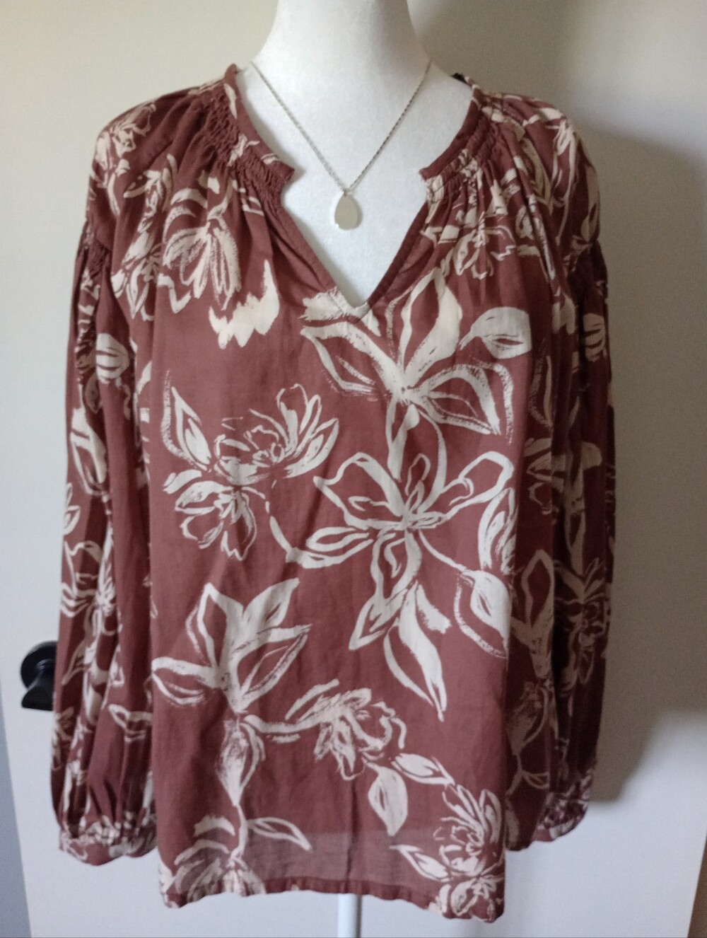 a.n.a Floral Brown And Cream 100% Cotton Peasant Blouse Size Large